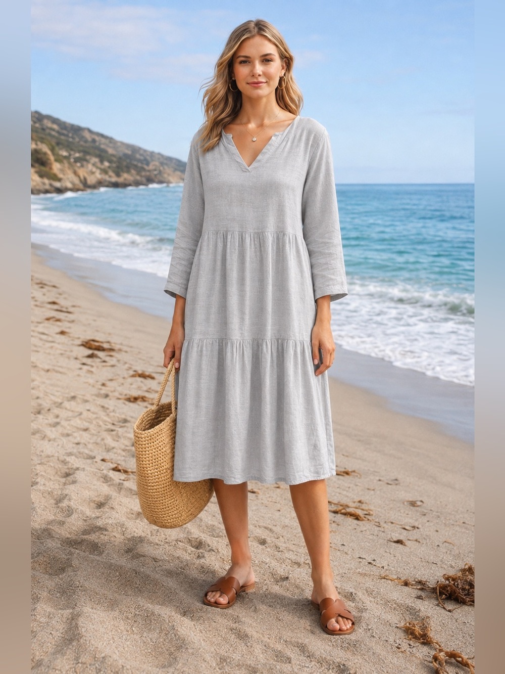 Francesca Bettini Italy Linen Gray/Lavender  Oversized Dress Sz S Beach Flowing